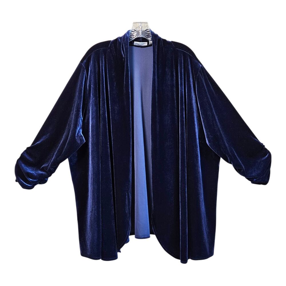 SUSAN GRAVER Women Plus 3X Velvet Cardigan Midnight Blue Open Ruched Sleeve 56"